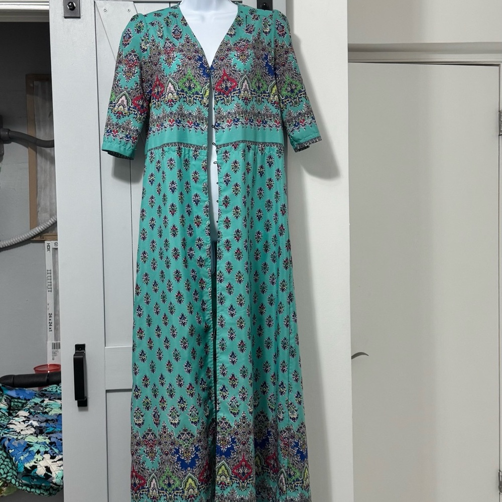 Elegant Teal Patterned Maxi Duster/Cover up Size S